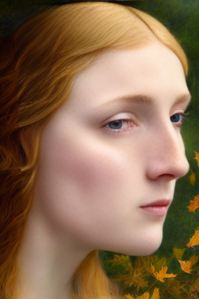 Red-haired woman with serene expression against green foliage and orange leaves