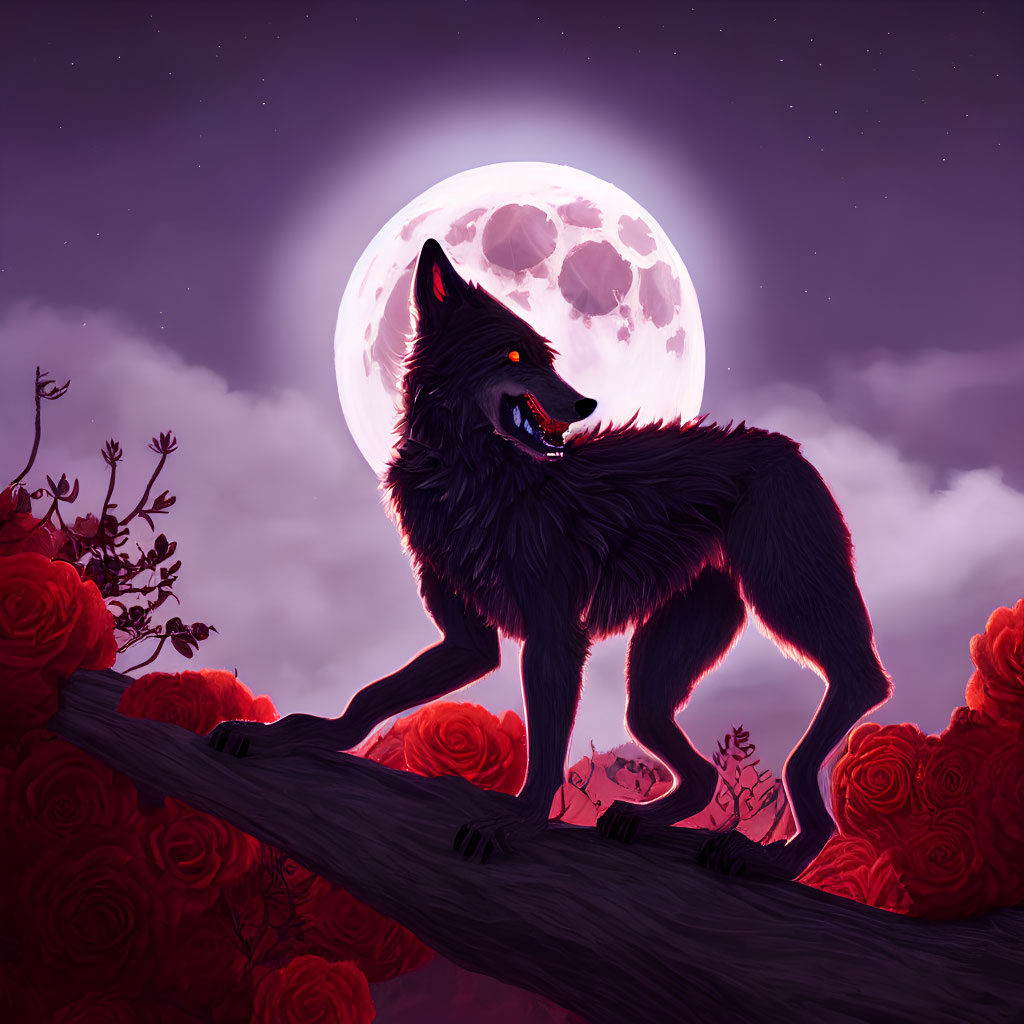 Black wolf on log with red roses under full moon in purple night sky