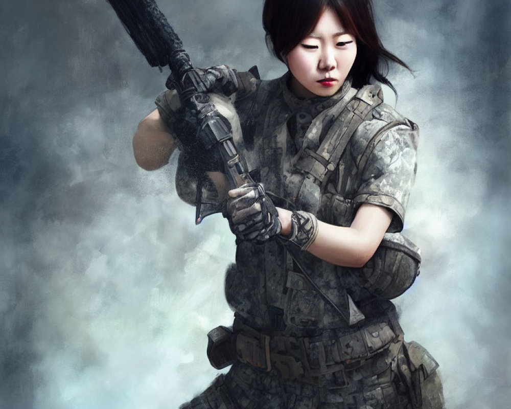 Female soldier in combat gear with assault rifle in smokey battlefield
