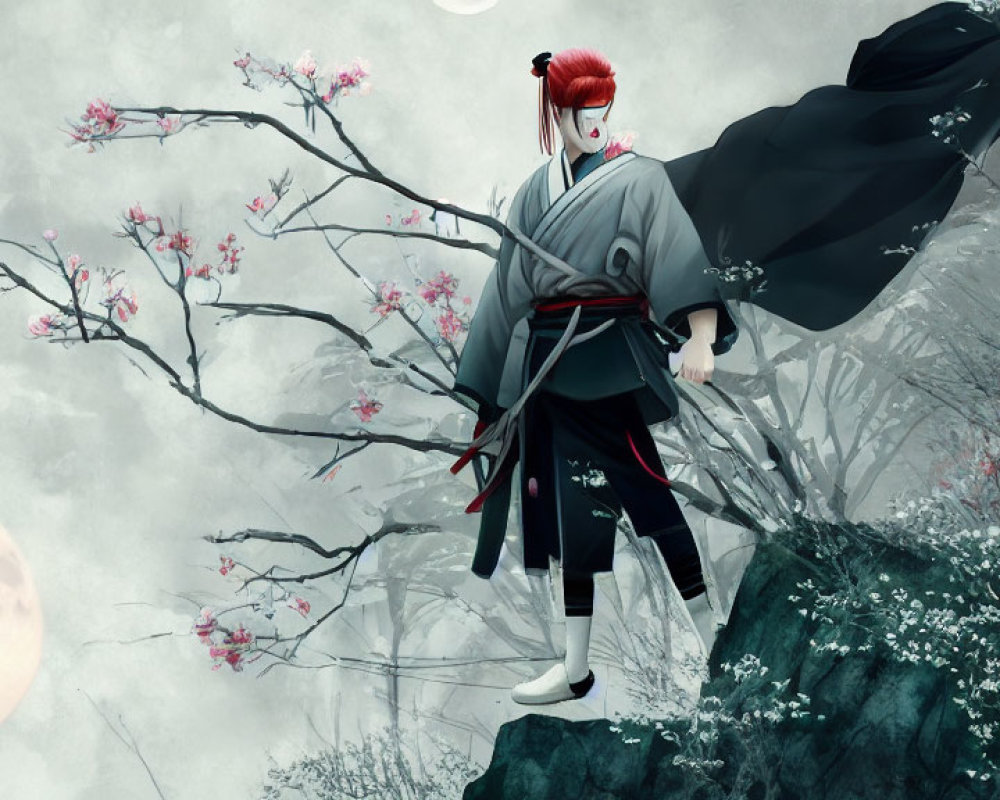 Character in Japanese attire with sword under cherry blossoms