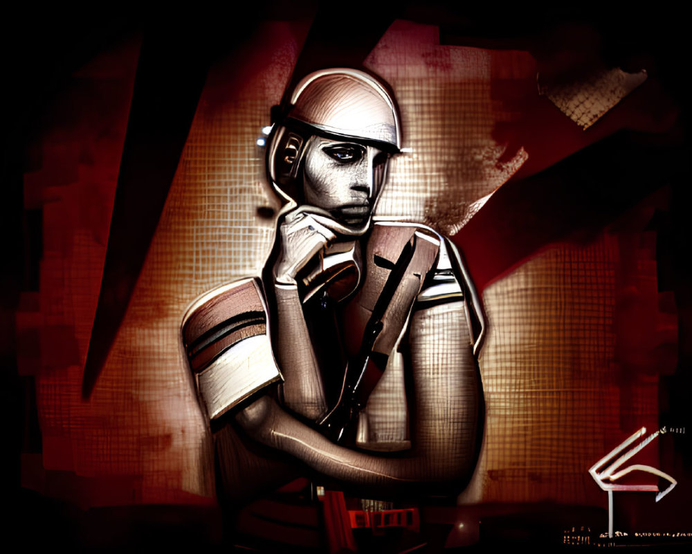 Futuristic digital illustration of reflective person in helmet and uniform