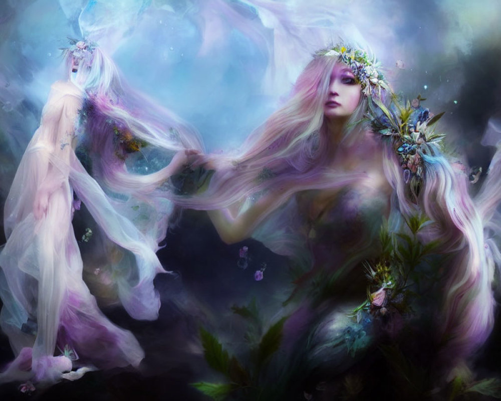 Flowing Hair and Floral Adornments in Dreamlike Landscape