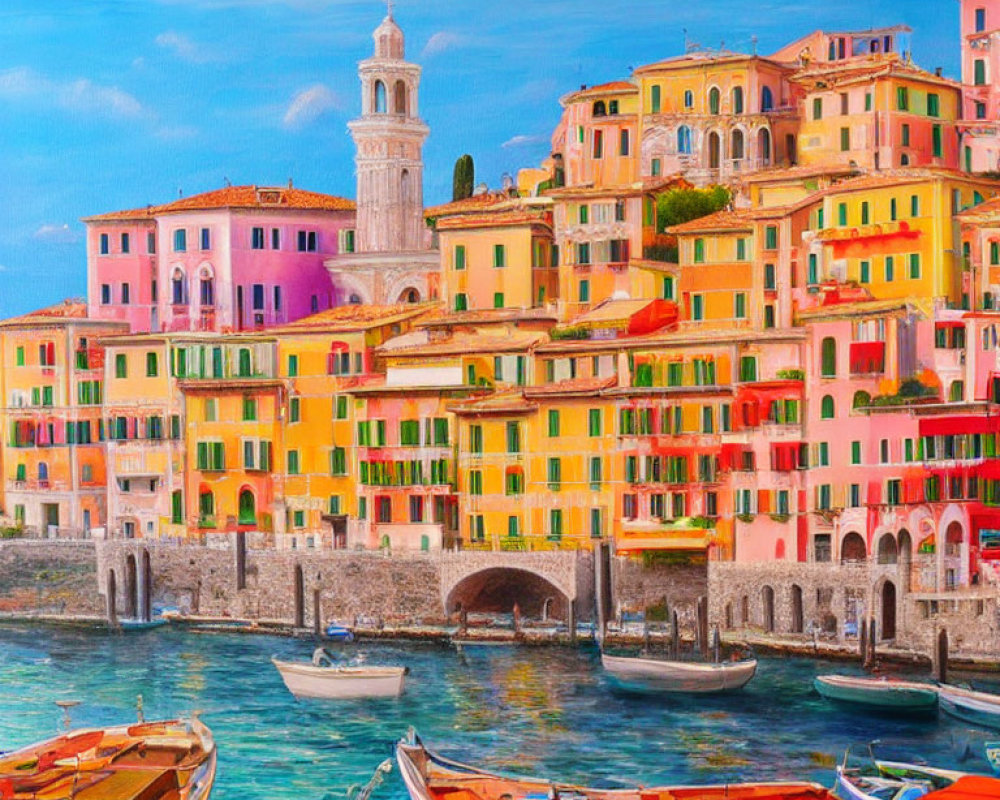 Vibrant coastal town scene with bell tower and boats under blue sky