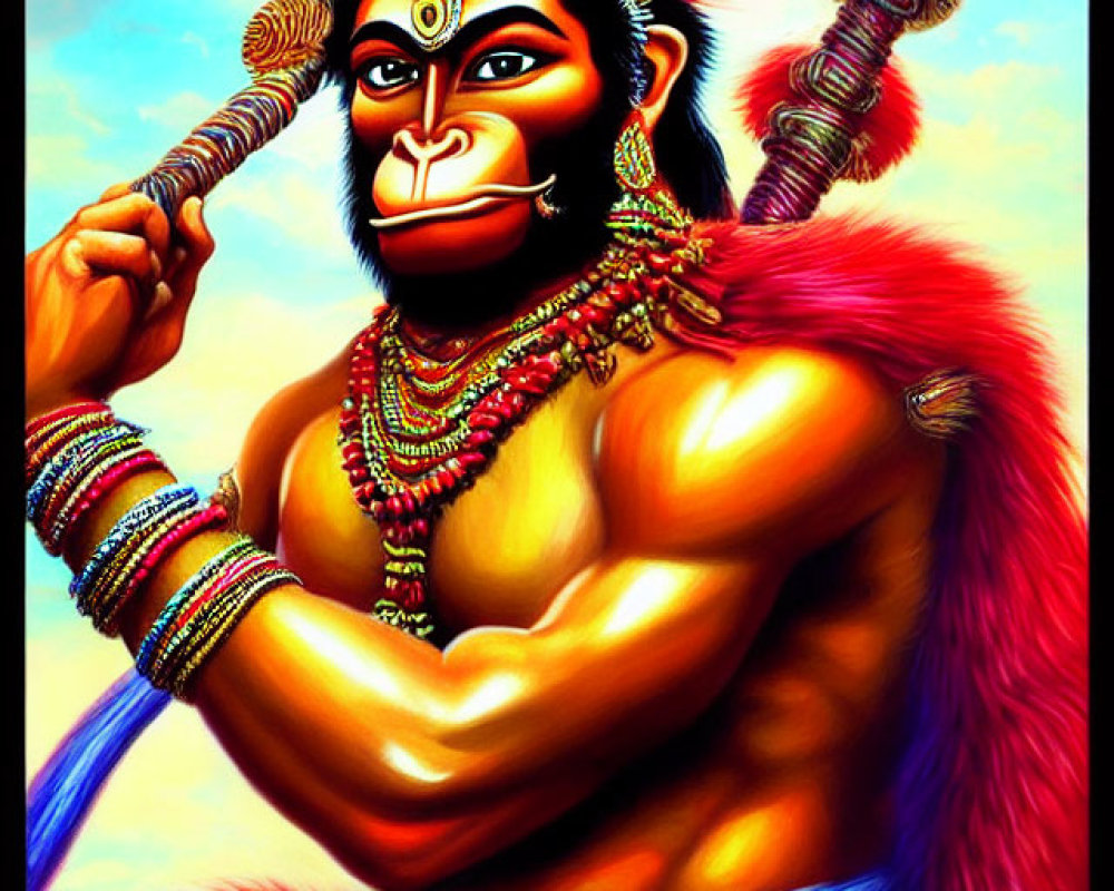 Illustration of Lord Hanuman in traditional attire with gada, under blue sky
