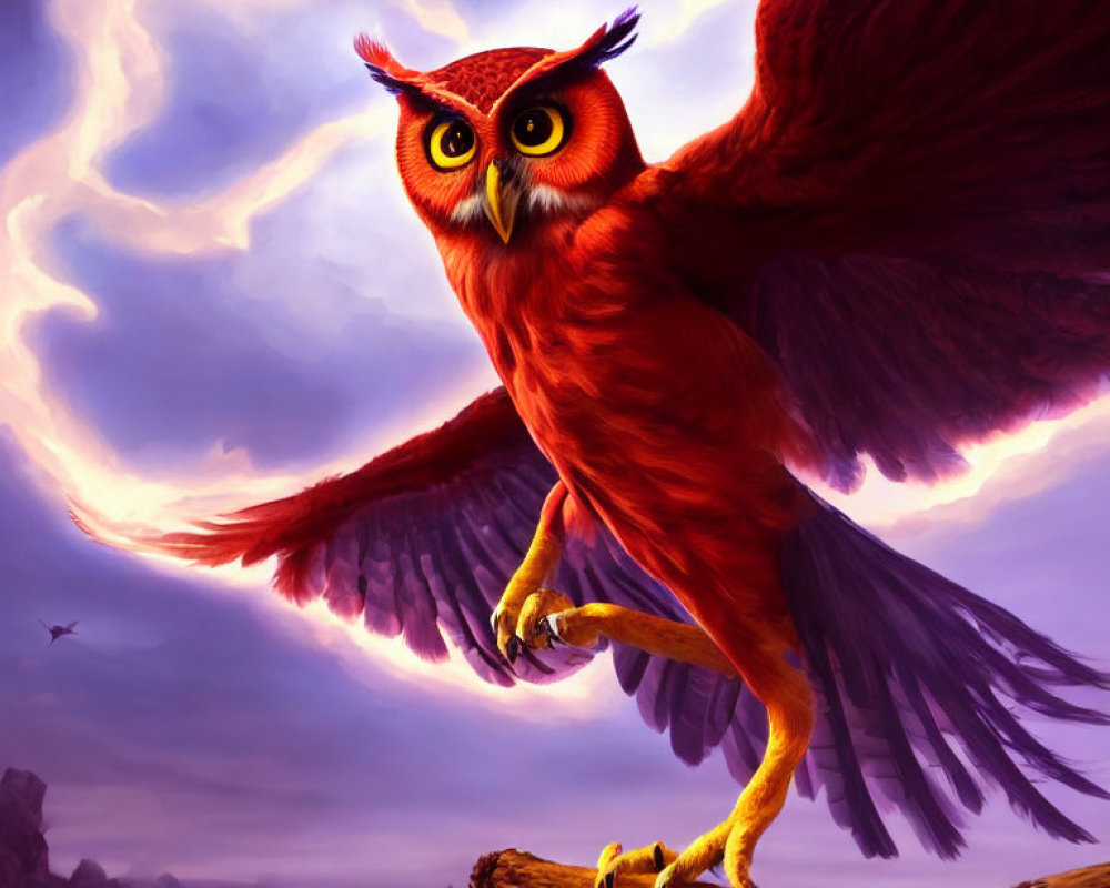 Red owl with expanded wings perched on branch against purple-hued dusk clouds