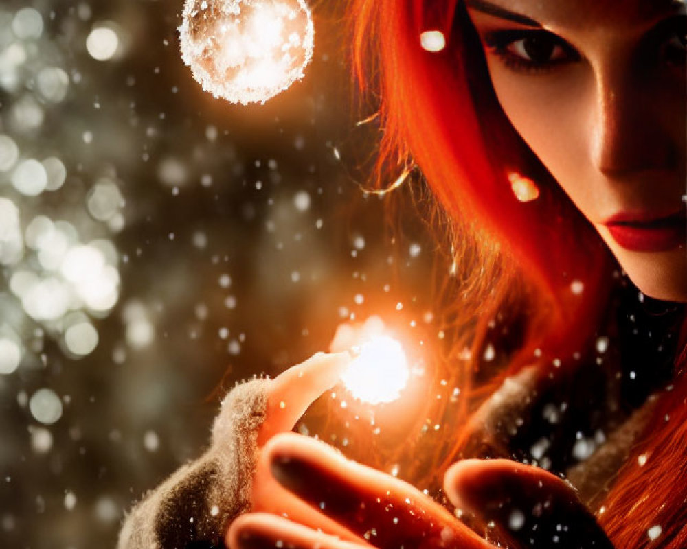 Red-Haired Person Holding Glowing Orb with Snowflakes and Bokeh Background