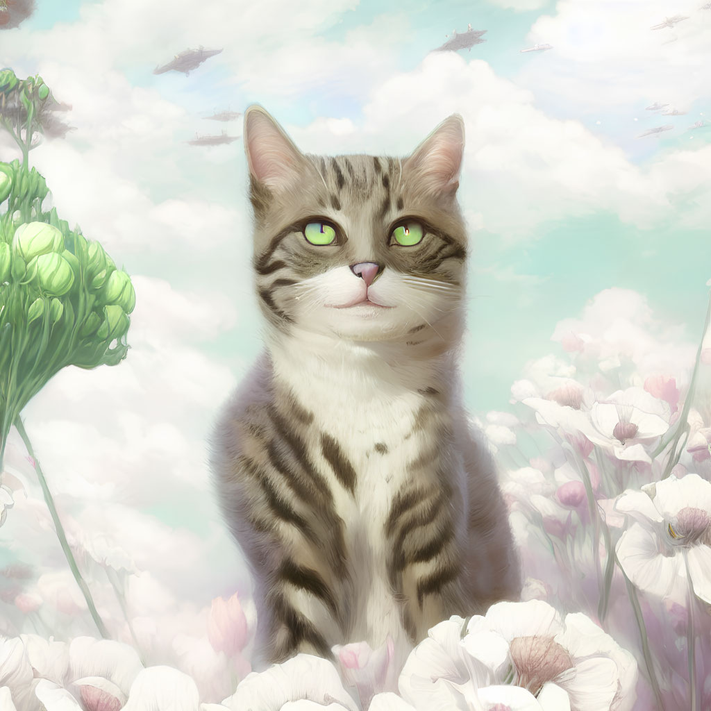 Tabby Cat with Green Eyes in White Flower Field