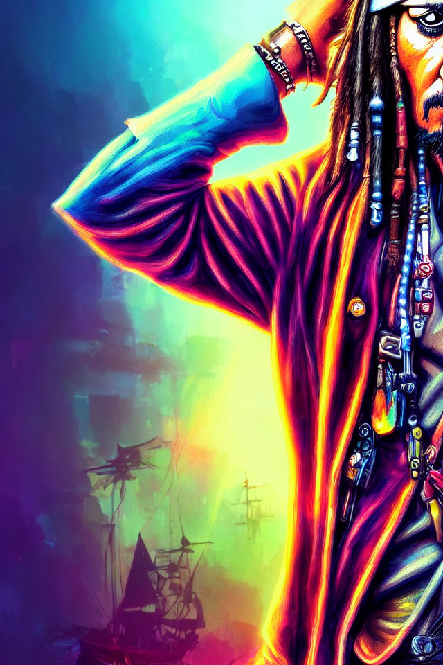 Colorful close-up illustration of character with dreadlocks and pirate costume, ship in background