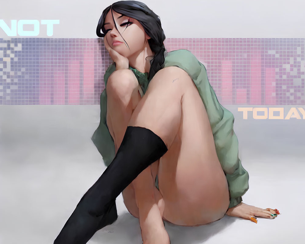 Digital artwork of a woman in green shirt with black sock, backdrop says "NOT TODAY