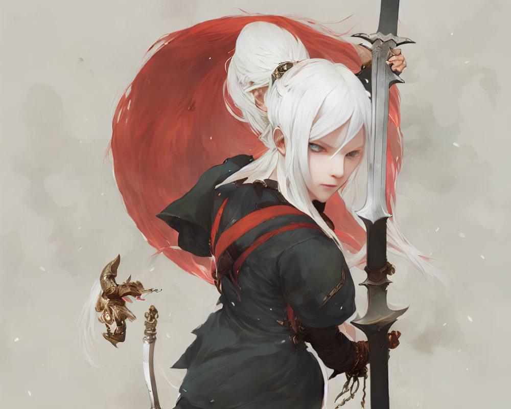 Illustration of Female Warrior with White Hair, Red Eyes, Large Sword, and Flowing Cape