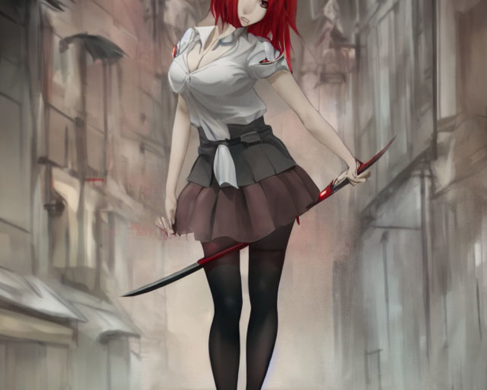 Red-haired anime girl in white blouse wields katana in alleyway