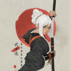 Illustration of Female Warrior with White Hair, Red Eyes, Large Sword, and Flowing Cape