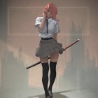 Red-haired anime girl in white shirt and black thigh-highs with katana in urban alleyway