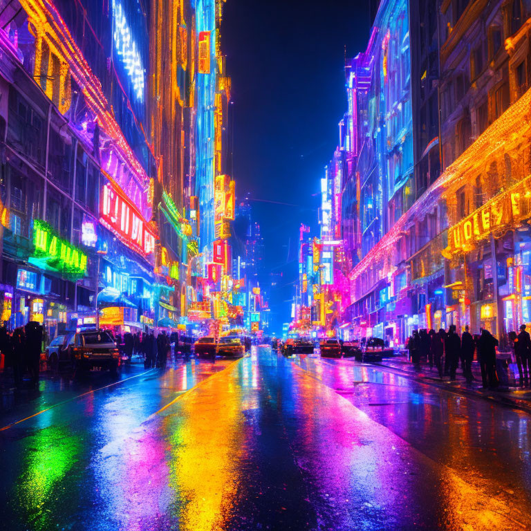 City Street at Night: Neon Lights, Pedestrians, Illuminated Buildings