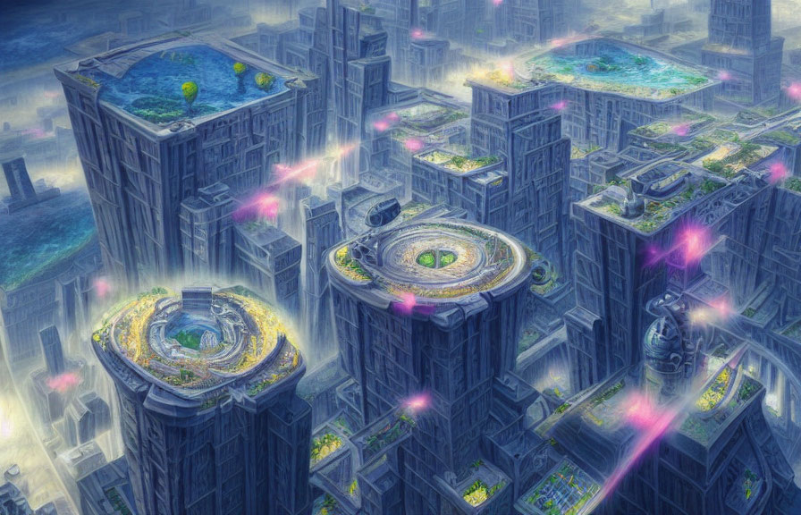 Futuristic cityscape with skyscrapers, floating platforms, and glowing energy sources
