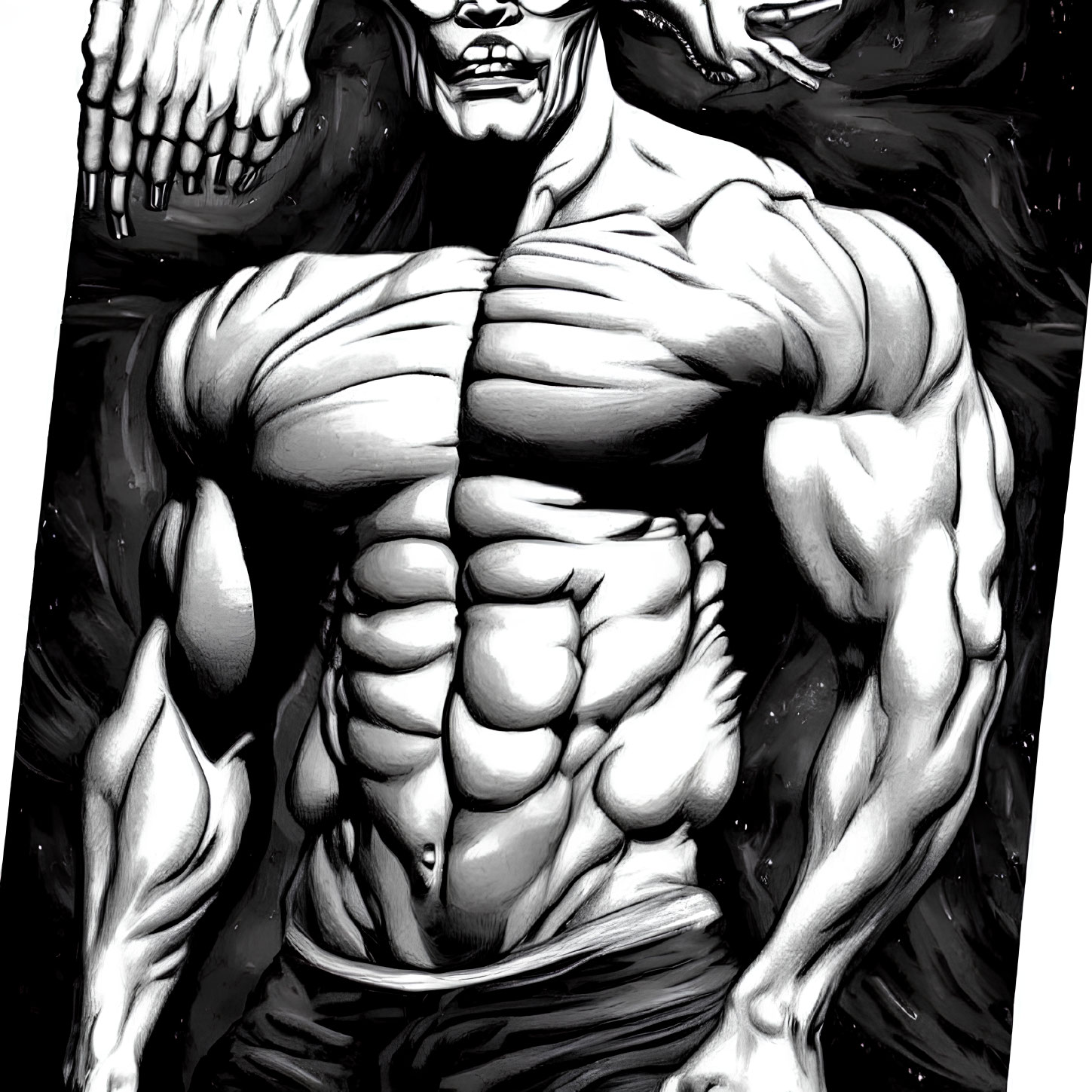 Muscular male figure in monochrome artwork with defined abs and shadows.