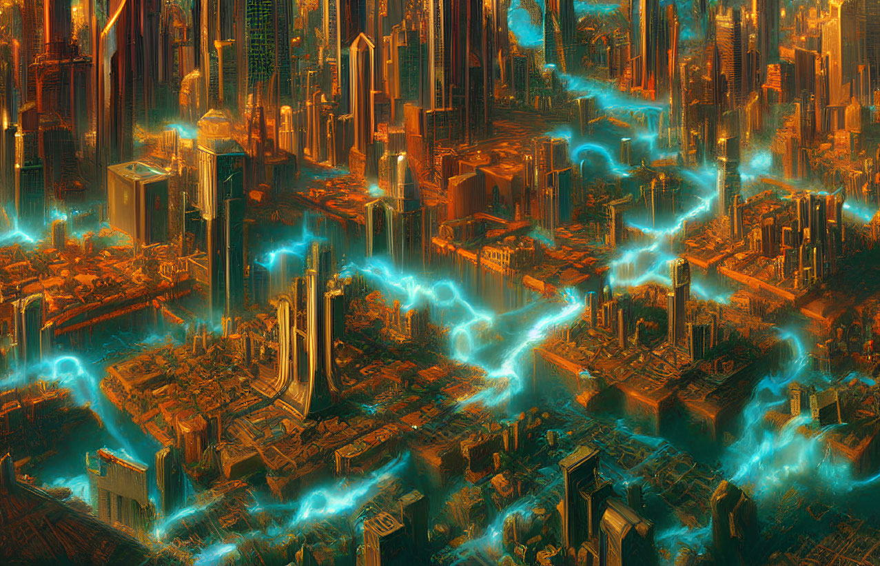 Futuristic cityscape at dusk with glowing blue light streams