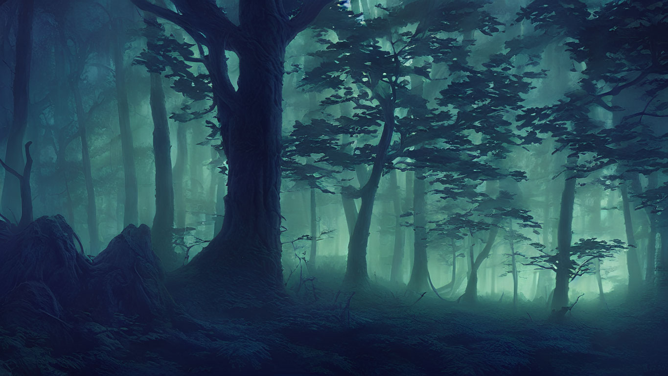 Mystical blue-toned forest with dense fog and towering trees