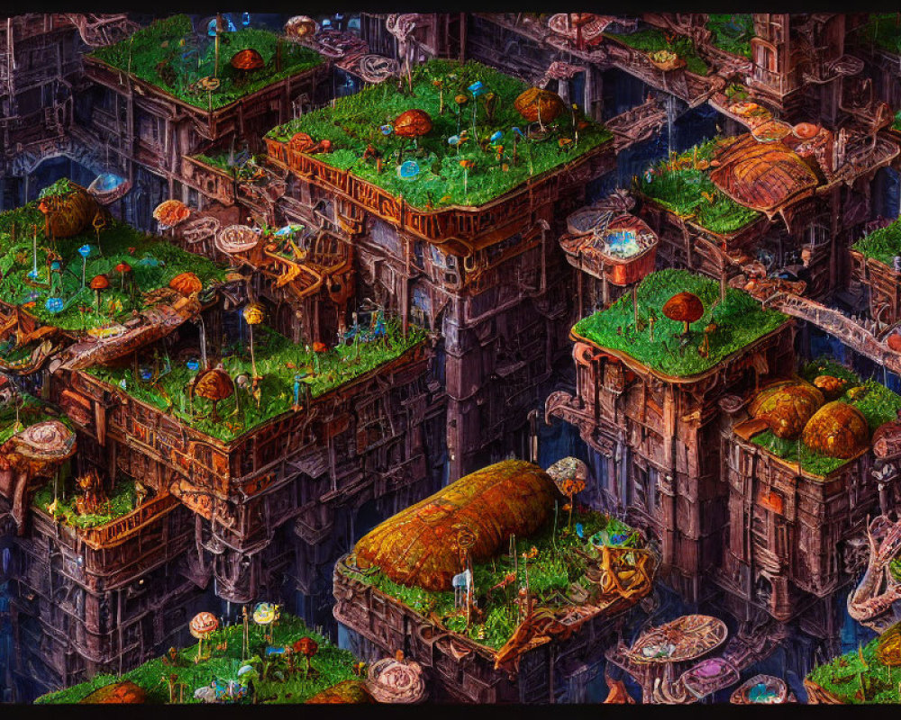 Futuristic digital artwork of overgrown city with green rooftops
