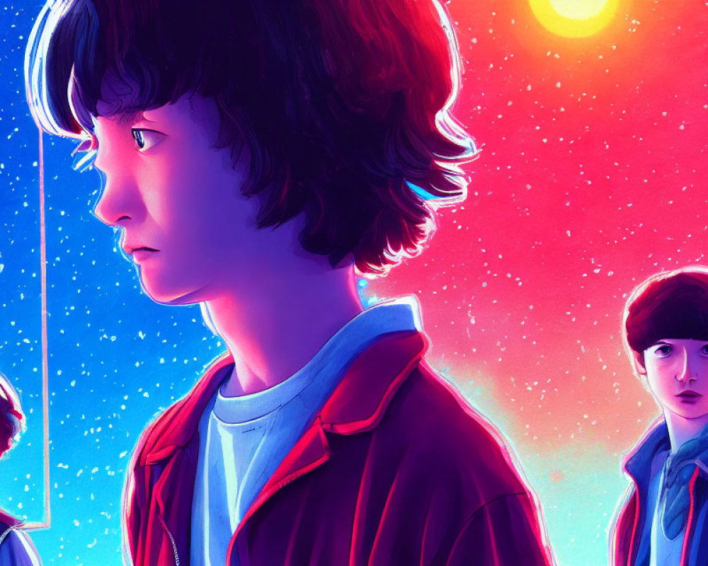 Stylized illustration of three youths against cosmic background