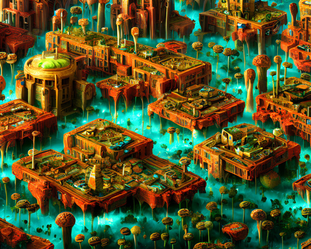 Colorful futuristic cityscape with floating platforms and buildings above teal ocean