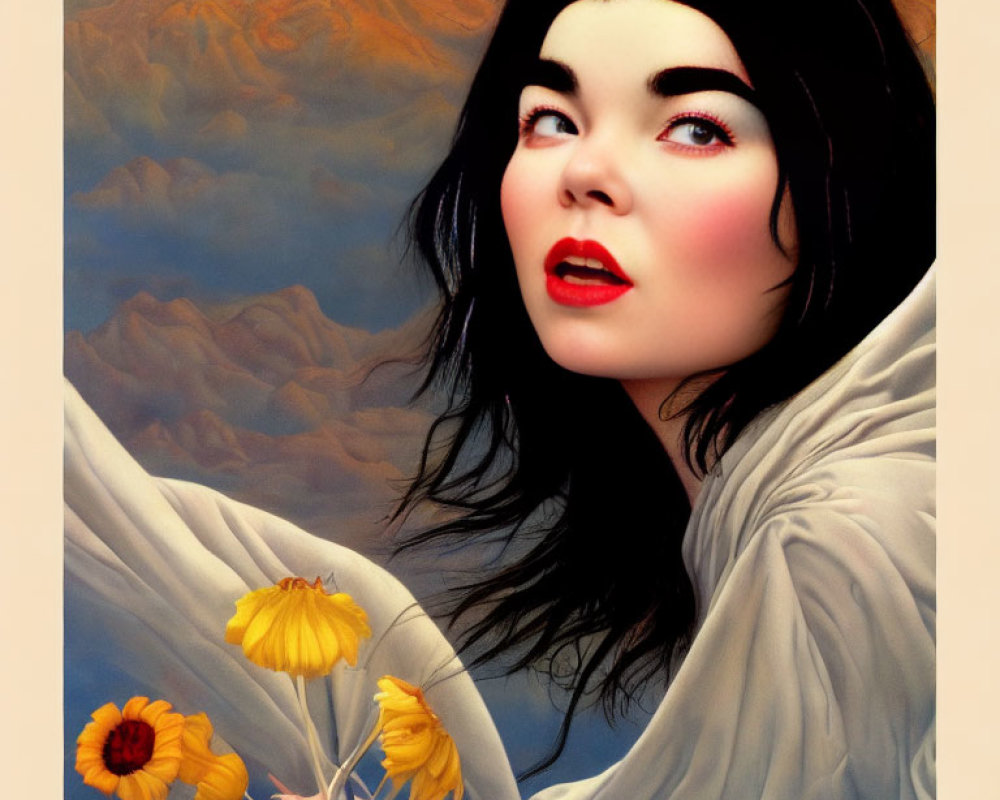 Stylized portrait of woman with dark hair and red lips, yellow flowers, mountain backdrop