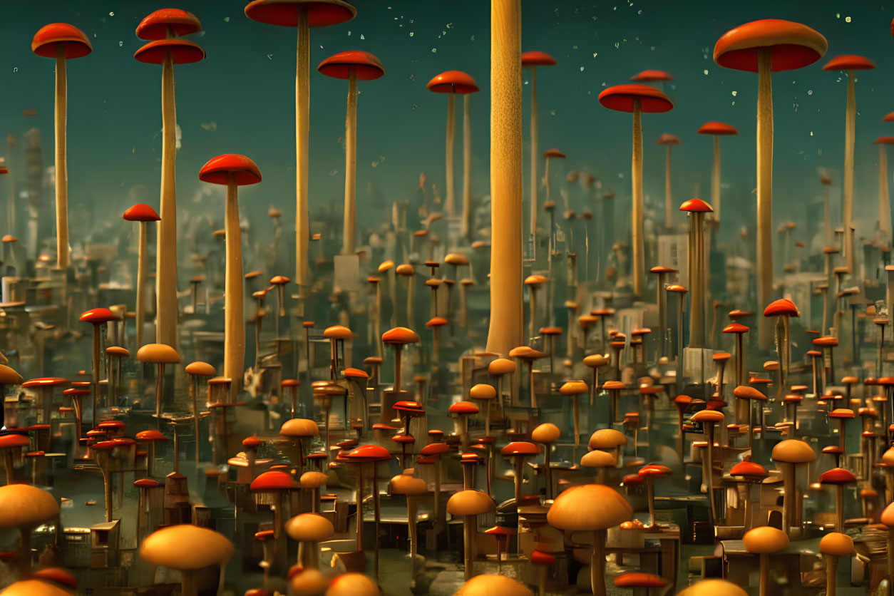 Mushroom-like structures in dense forest under golden sky