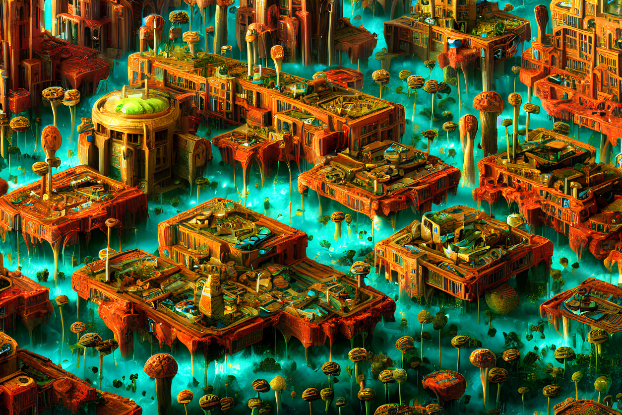Colorful futuristic cityscape with floating platforms and buildings above teal ocean
