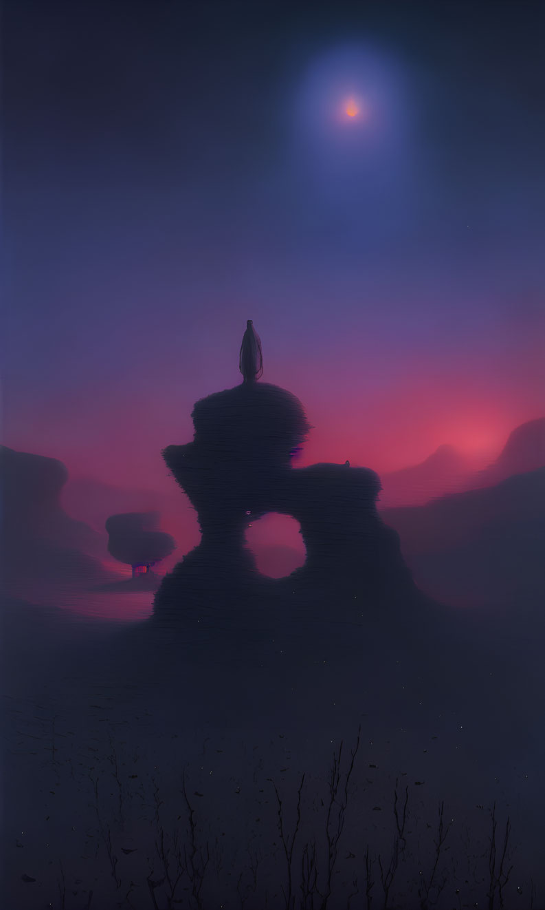 Figure on rocky formation under starry sky with moon and gradient of blues to pinks.