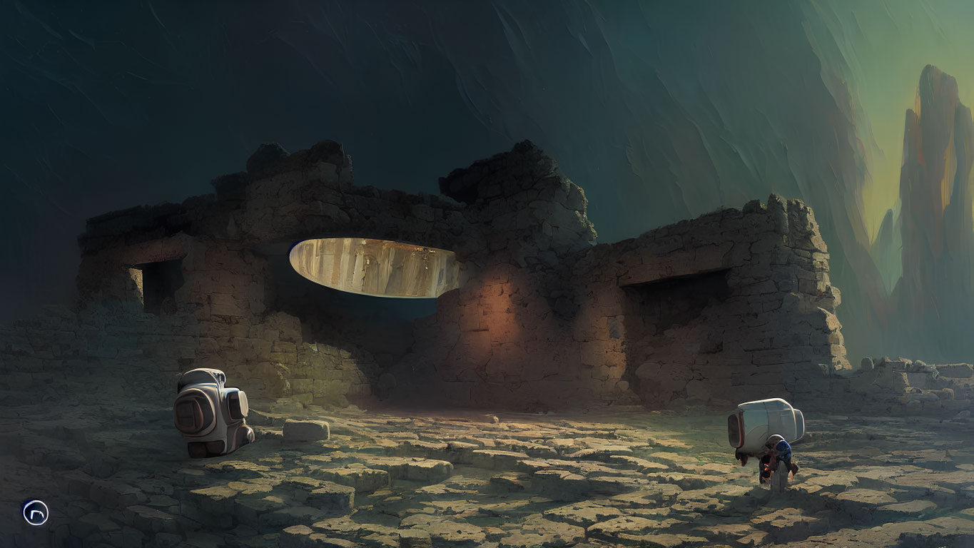 Surreal landscape: astronaut explores ancient ruins under cavernous ceiling
