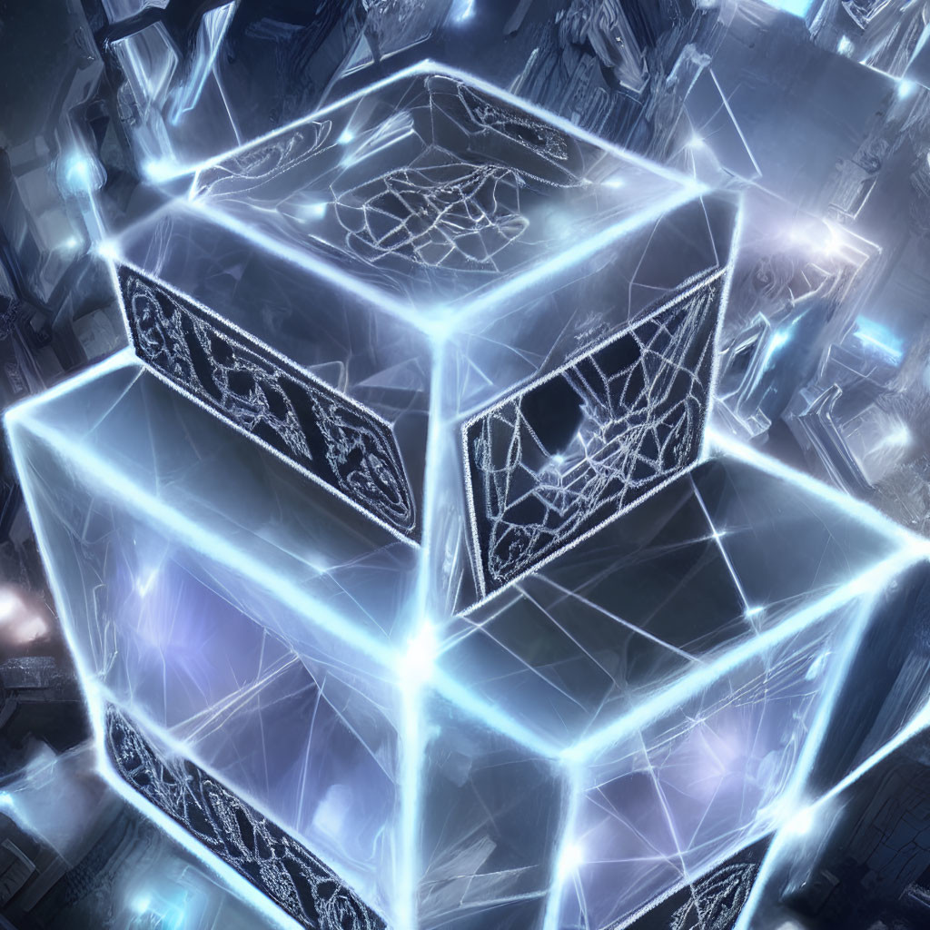 Intricate fractal design on glowing digital cube in blue light