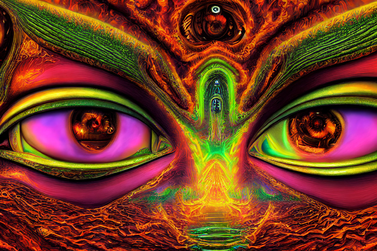 Colorful surreal digital artwork with multiple eyes and abstract patterns in orange, purple, and green palette