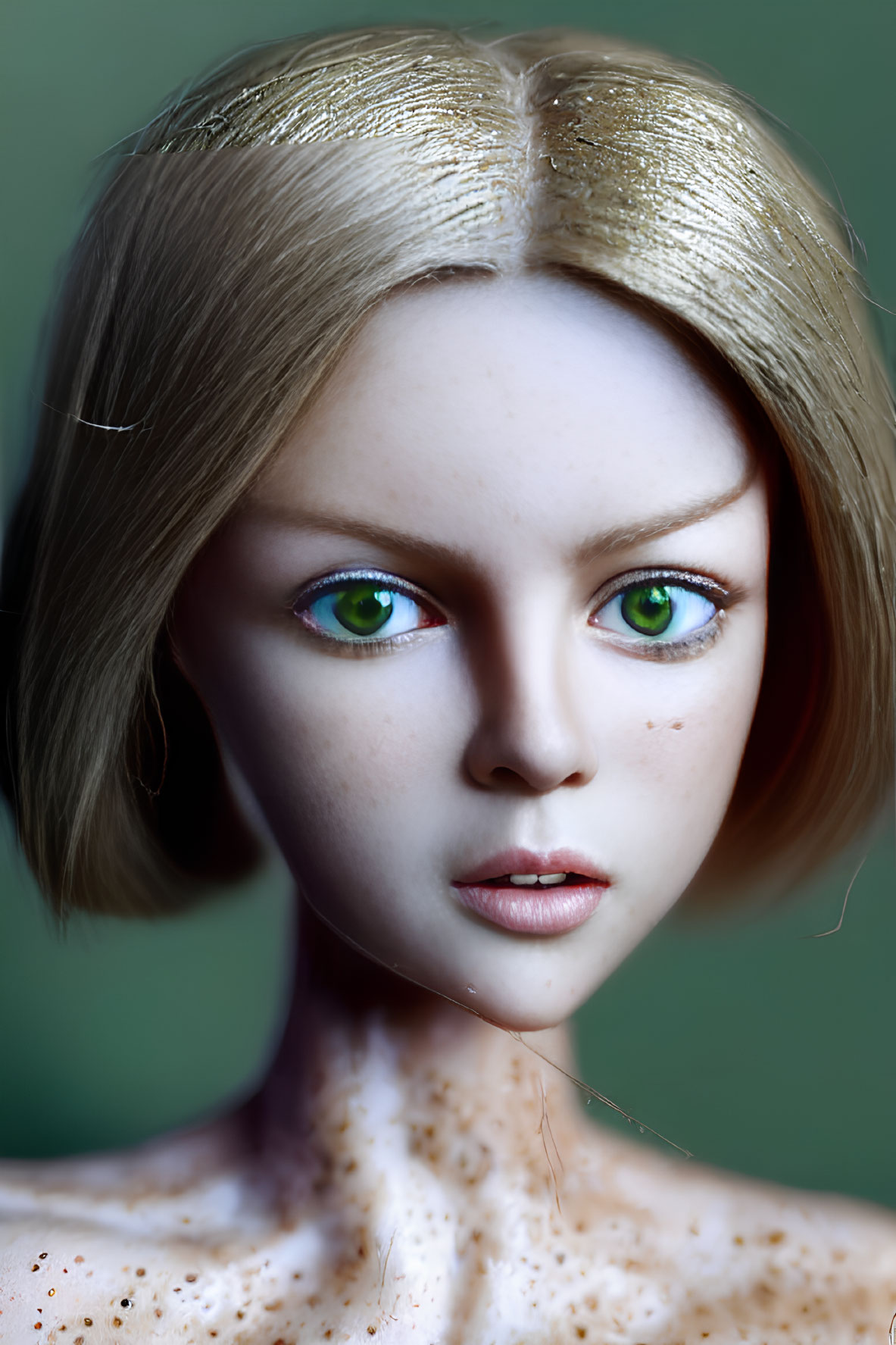 Female digital portrait: green-eyed figure with short brown hair and freckles on green background