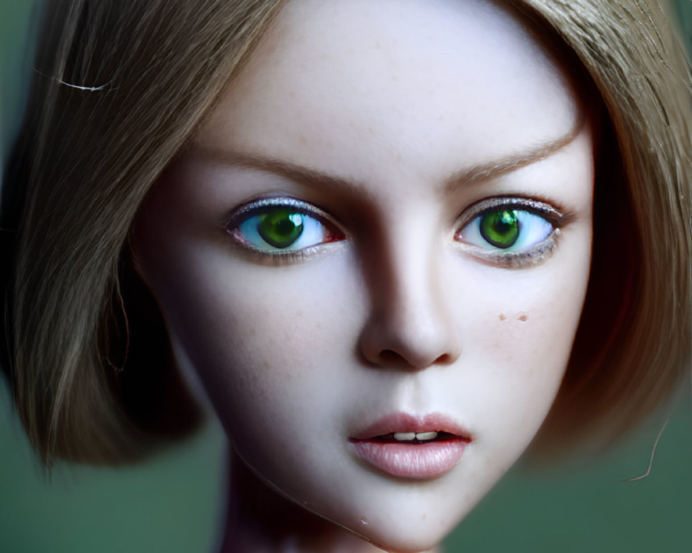 Female digital portrait: green-eyed figure with short brown hair and freckles on green background