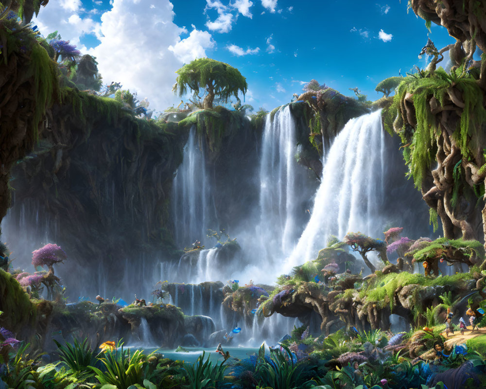Vibrant fantasy landscape with waterfalls, foliage, trees, and blue sky