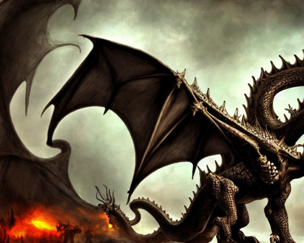 Majestic dragon with wings surrounded by flames and ominous sky