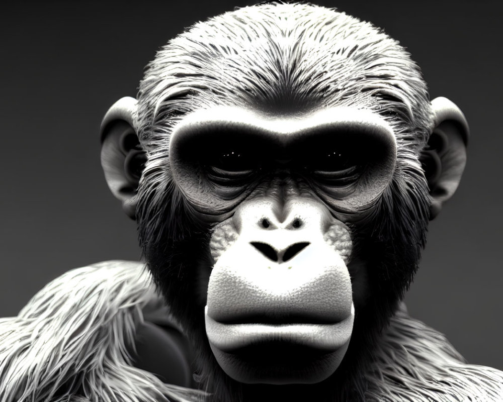 Detailed 3D Render of Somber Chimpanzee Face with Fur Textures