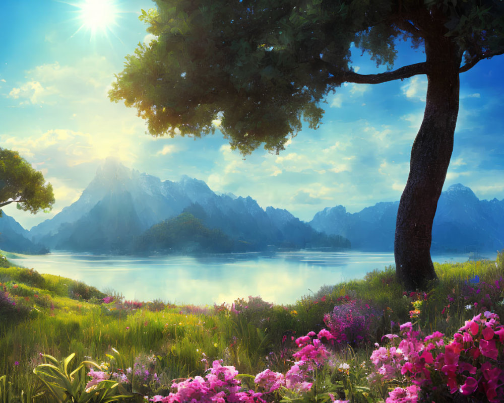 Sunlit Lake Landscape with Mountains, Flowers, and Tree