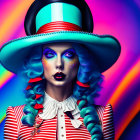 Colorful digital illustration of a woman with blue eyes, red lips, striped top, and top hat