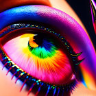 Detailed Close-Up of Eye with Rainbow Eyeshadow and Feathers
