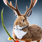 Unique Rabbit and Deer Antlers Fusion on Gray Background with Green Plant