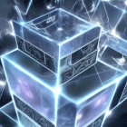 Intricate fractal design on glowing digital cube in blue light