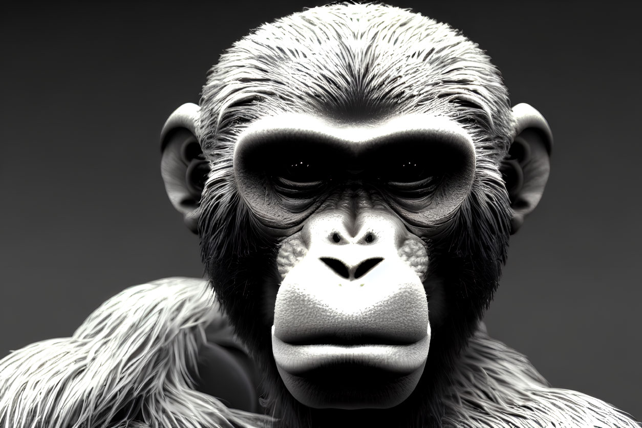 Detailed 3D Render of Somber Chimpanzee Face with Fur Textures