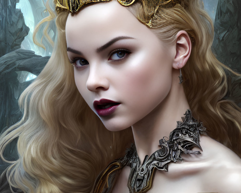 Digital portrait of woman with blonde hair, golden crown, and dark metal necklace