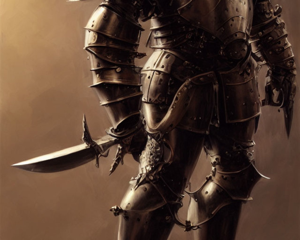 Anthropomorphic bear in medieval armor with sword in warm-toned setting