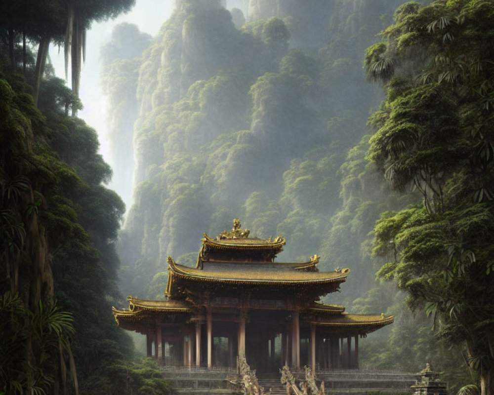 Ancient temple with golden roofs nestled in misty green mountains