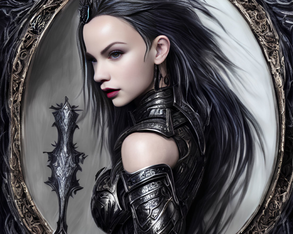 Pale-skinned woman in dark armor wields spiked mace in ornate frame