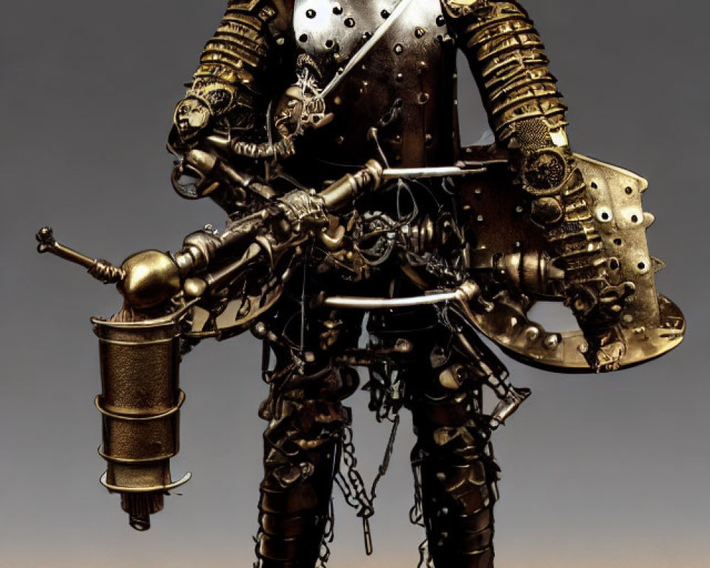 Steampunk knight with cog-driven armor and gadget lance