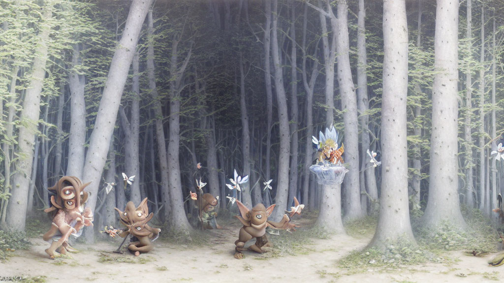 Whimsical creatures in misty forest with dancing figures and bluebird rider