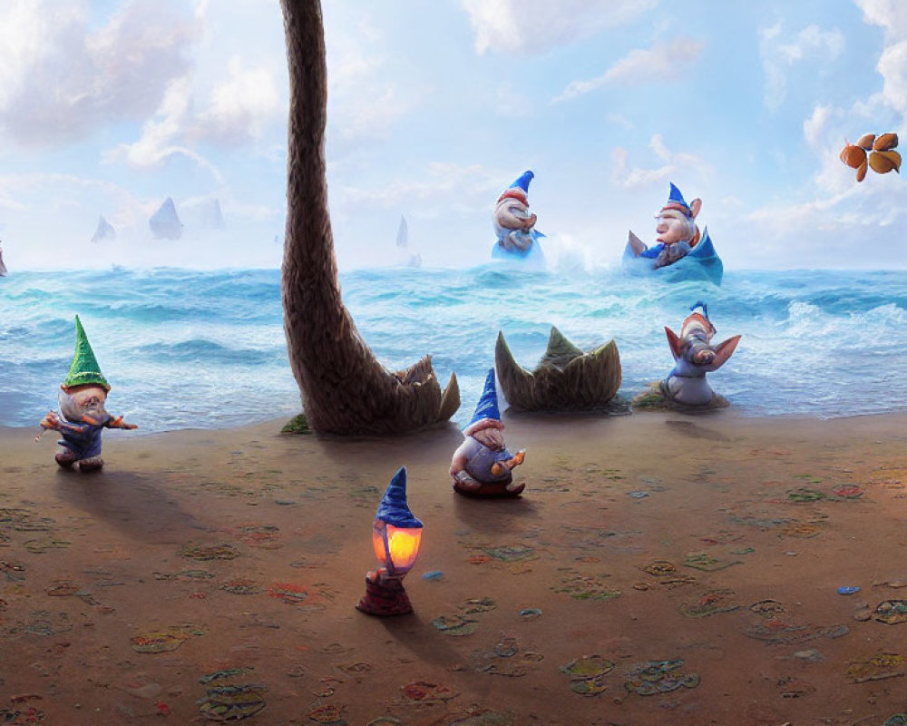 Colorful Beach Scene with Animated Gnomes and Sharks